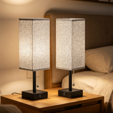 2-Piece Gray Bedside Lamp Set, Minimalist Pull Chain Table Lamps with USB Charging Port, Suitable for Bedroom, Kids Room and Dorm