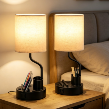2 Pack Bedroom Nightstand Lamps, Equipped with AC Socket & USB-A/C Charging Ports, 3 Color Modes Desk Lamp with Pen Holder & Phone Bracket for Home & Office