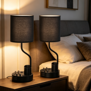2-Pack Black Bedside Table Lamps, Built-in AC Outlet & Dual USB Charging Ports, 3 Color Temperature Desk Light with Pen Holder & Phone Stand for Indoor Spaces